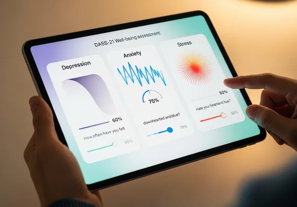 Person taking a DASS-21 digital assessment on a tablet, showing results.
