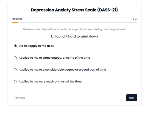Secure and confidential DASS-21 online test interface.