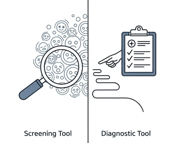 Illustration comparing a screening tool vs a diagnosis.
