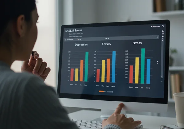 DASS21 scores displayed on screen, showing severity levels.