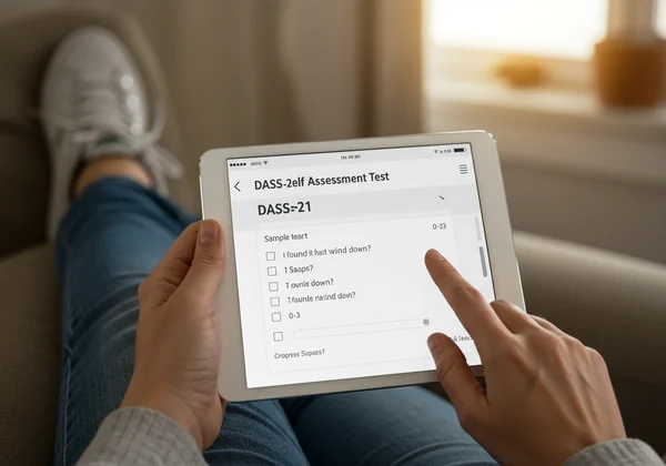 A person taking the DASS-21 self-assessment on a tablet