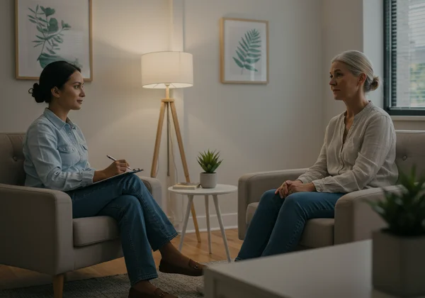Person talking to a therapist for professional stress support