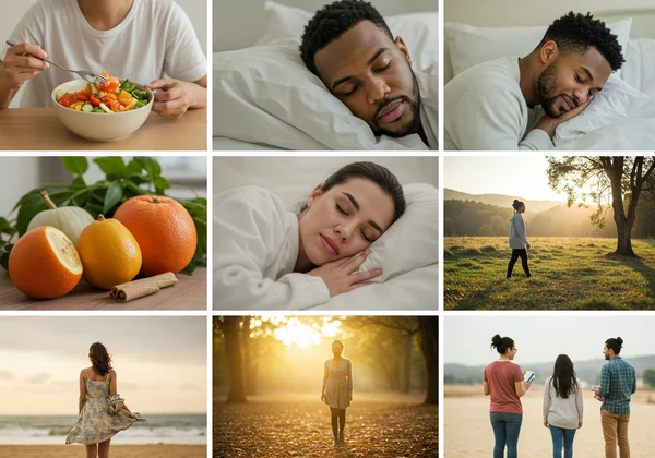 Person engaging in various self-care activities for wellbeing